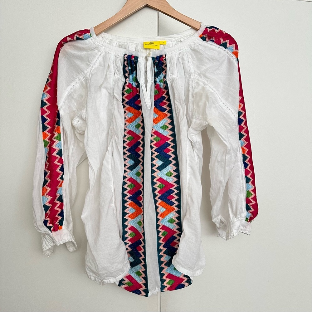 Roller Rabbit White Peasant Blouse with Vibrant Multicolor Chevron Embroidery